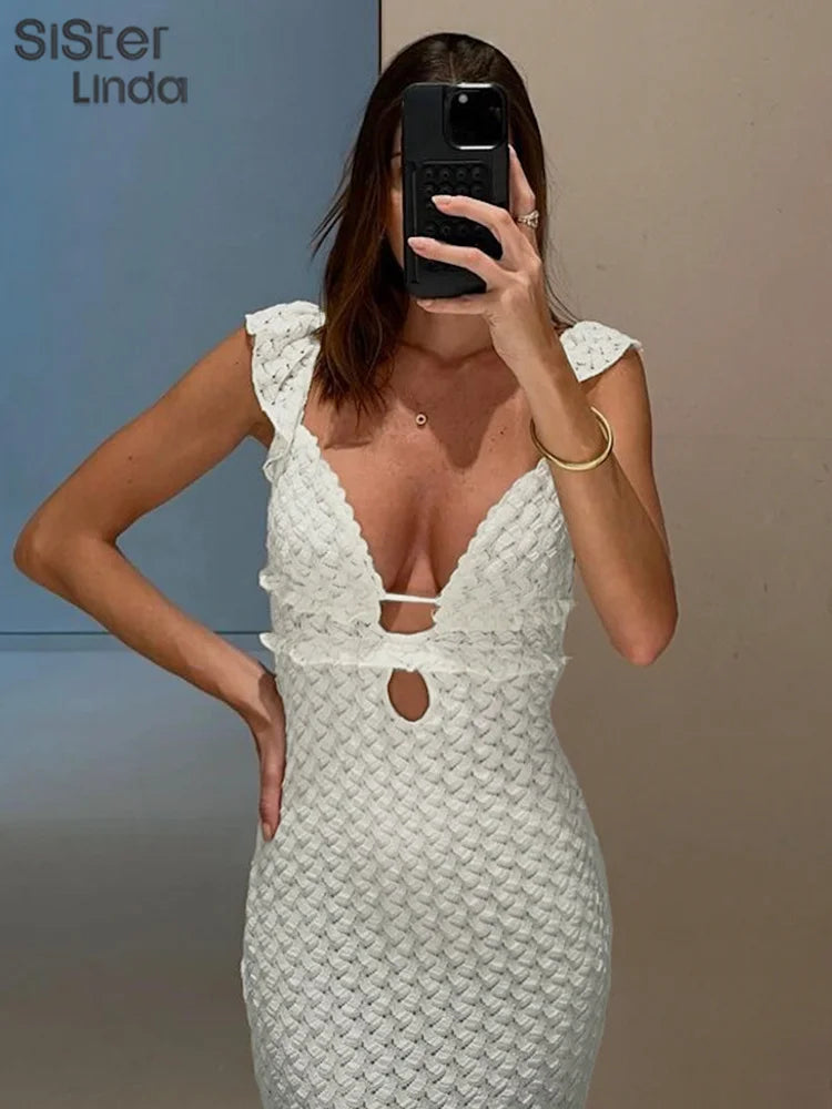 Sisterlinda Woven Ruched Maxi Dress Wowen Fashion Sexy Deep V-neck Backless Bandage Vestido Female Elegant Romantic Evening Robe