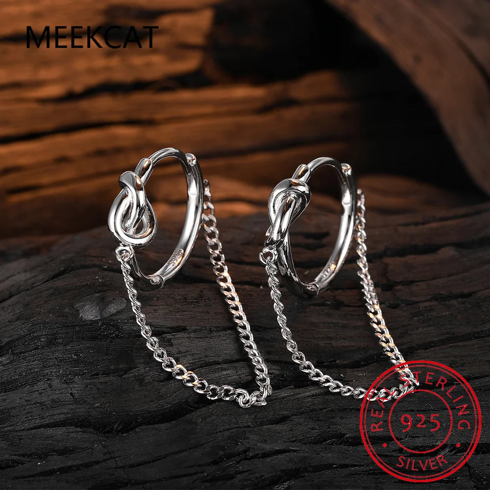 925 Sterling Silver Rope Knot Tassel Hoop Earrings Chain Tie A Knot Design Earrings for Women 925 Stylish Jewelry Gift