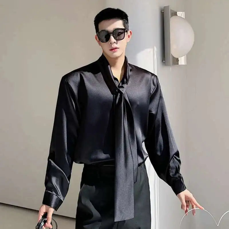 IEFB Korean Fashion Men's Shirt Bow Tie Design Loose Simple Fresh Long Sleeve Casual 2024 Spring Solid Color Male Tops 9C5081