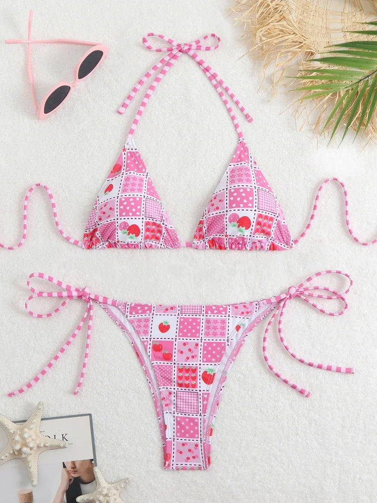 Bikini Women Swimsuit 2025 New Print Halter Bikinis Set Sexy Thong Swimwear Summer Two Piece Backless Beach Bathing Suit Female