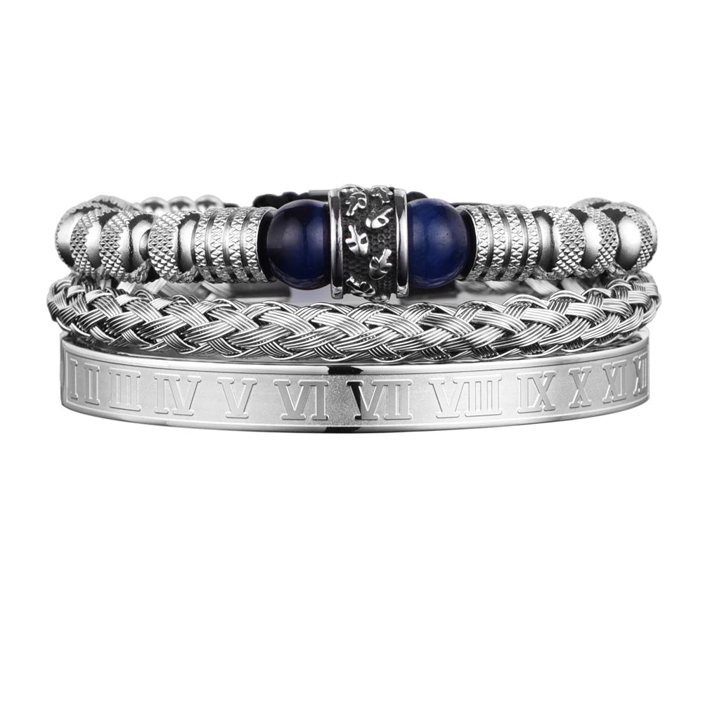3pcs Set Men Bracelet Stainless Steel Handmade Rope Bangles Men Skull Bracelets with Tigereye Natural Stone Gift Accessories