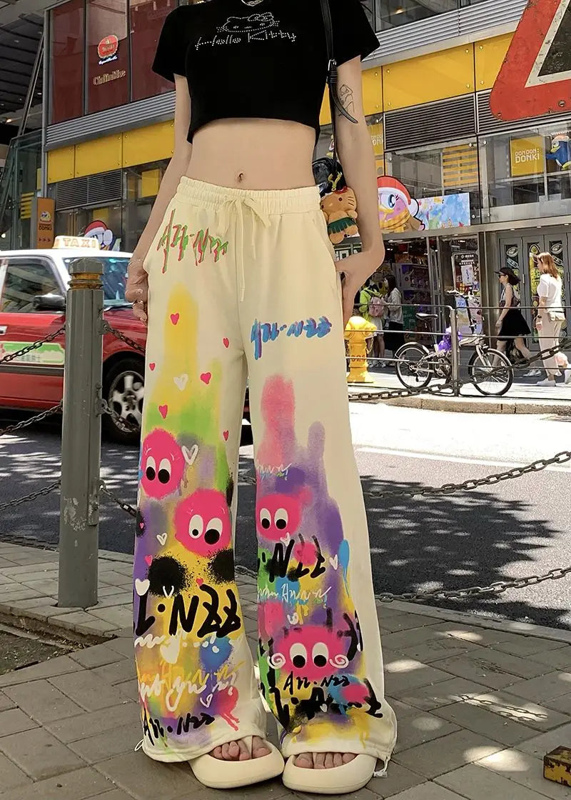Kawaii Cute Dopamine Graffiti Casual Pants Women Tie Dye Summer Elastic High Waiste Drawstring Pockets Loose Wide Leg Trousers