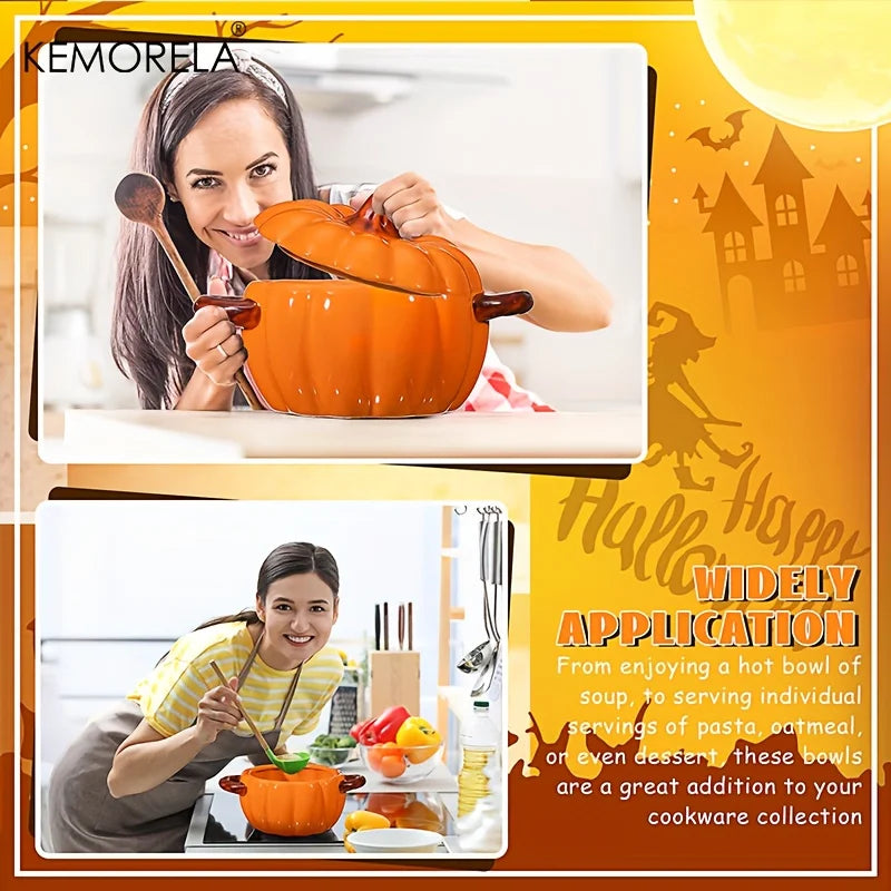 Halloween Pumpkin Bowl Ceramic Pumpkin Casserole Oven-Safe Pot With Lid And Handles, Perfect For Thanksgiving And Halloween