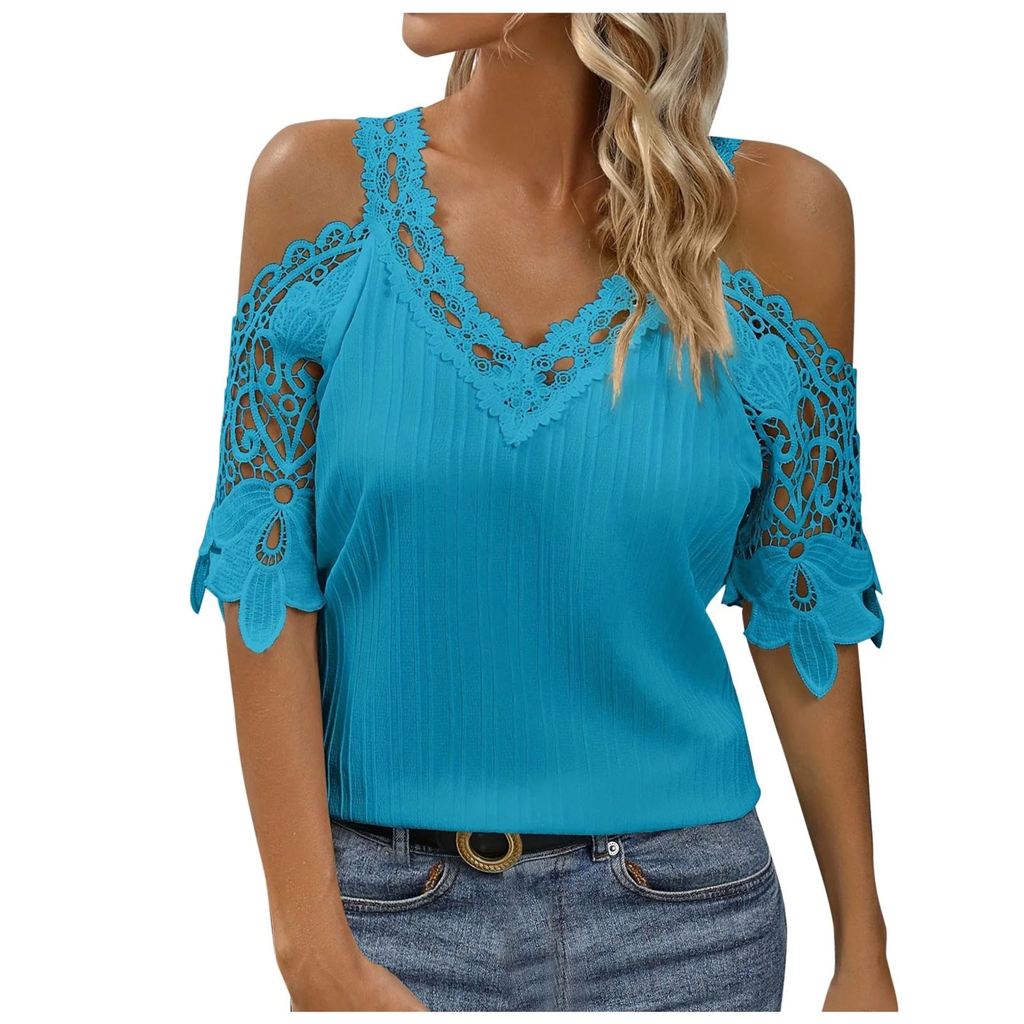 T Shirt for Women Trendy Women's Solid Color Sexy Lace Hollow Out Tops Embroidery Off Shoulder Slim Fit Shirts for Women