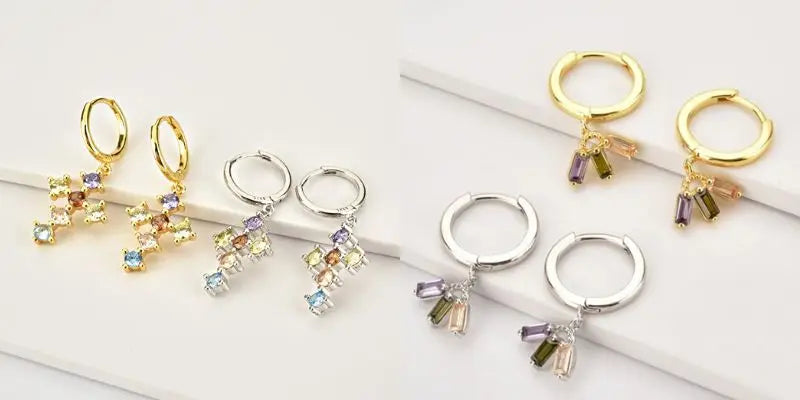 Colorful Crystal Earrings 925 Sterling Silver Ear Needle Stud Earrings for Women Cross Dangle Earrings Party Wedding Jewelry