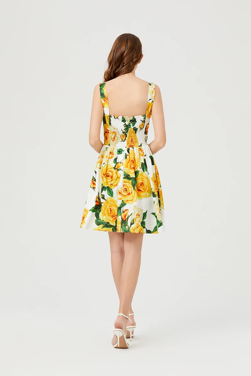 2024 Summer Fashion Short Boho Dress Women Mini Floral Print Dress Female Sleeveless Hanging Belt Printed Waist Folded Dress