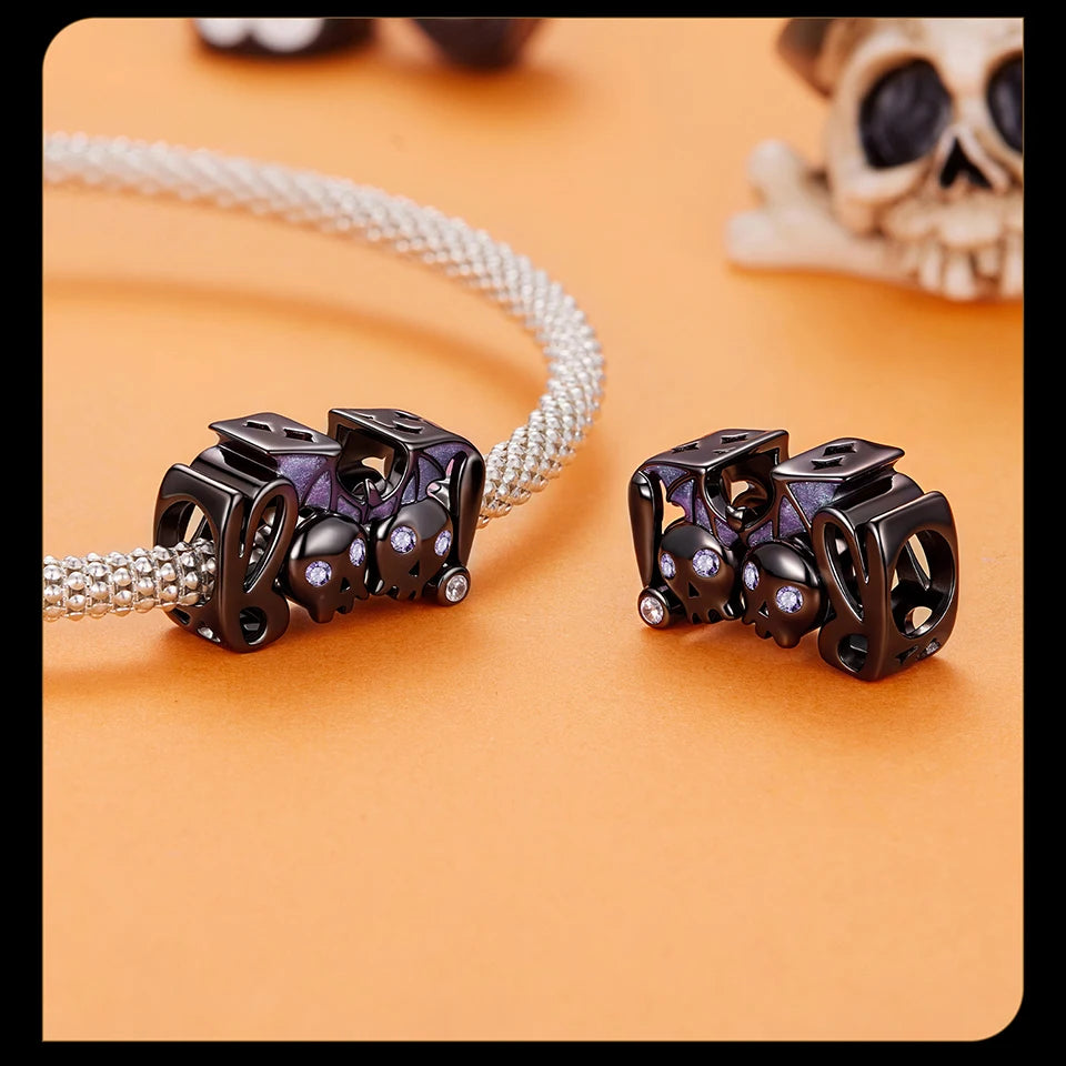 BISAER 925 Sterling Silver Halloween Skull & Pumpkin Charm Bead Pumpkin Cat Magic Crystal Pendant for Women DIY Bracelet Jewelry