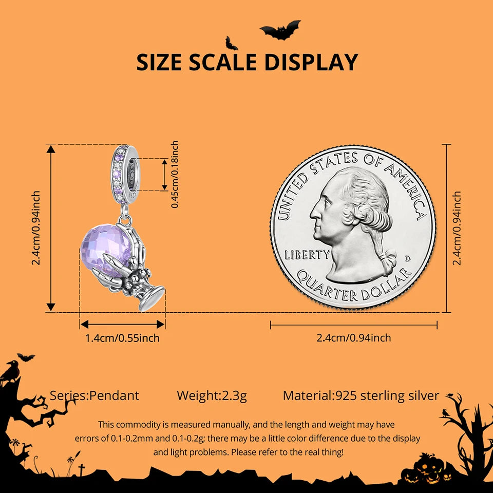 BISAER 925 Sterling Silver Halloween Skull & Pumpkin Charm Bead Pumpkin Cat Magic Crystal Pendant for Women DIY Bracelet Jewelry