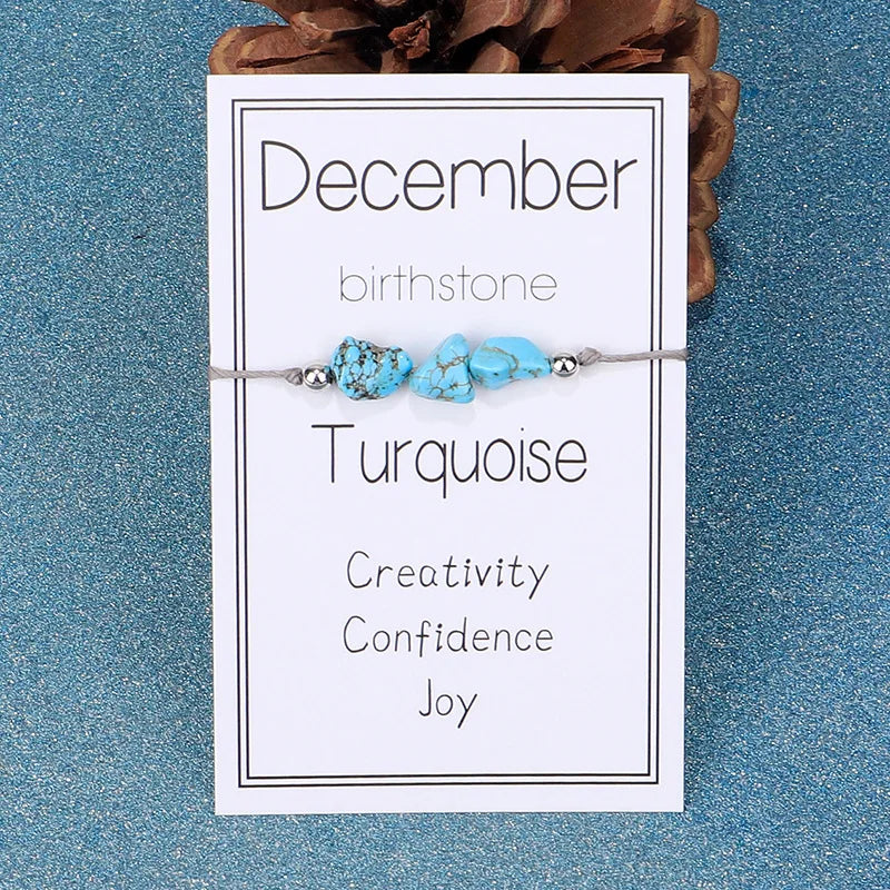 12 Months Natural Stone Birthstone Bracelet for Women Men Crystal Handmade Braid Adjustable Rope Birthday Sign Jewelry Gift