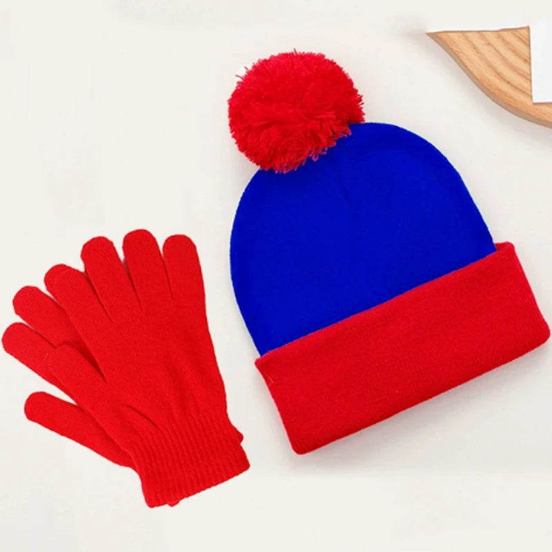 2pc Halloween Cosplay Funny Beanie Hat and Gloves, Character Park Knit Hat Winter Christmas Costume Accessories
