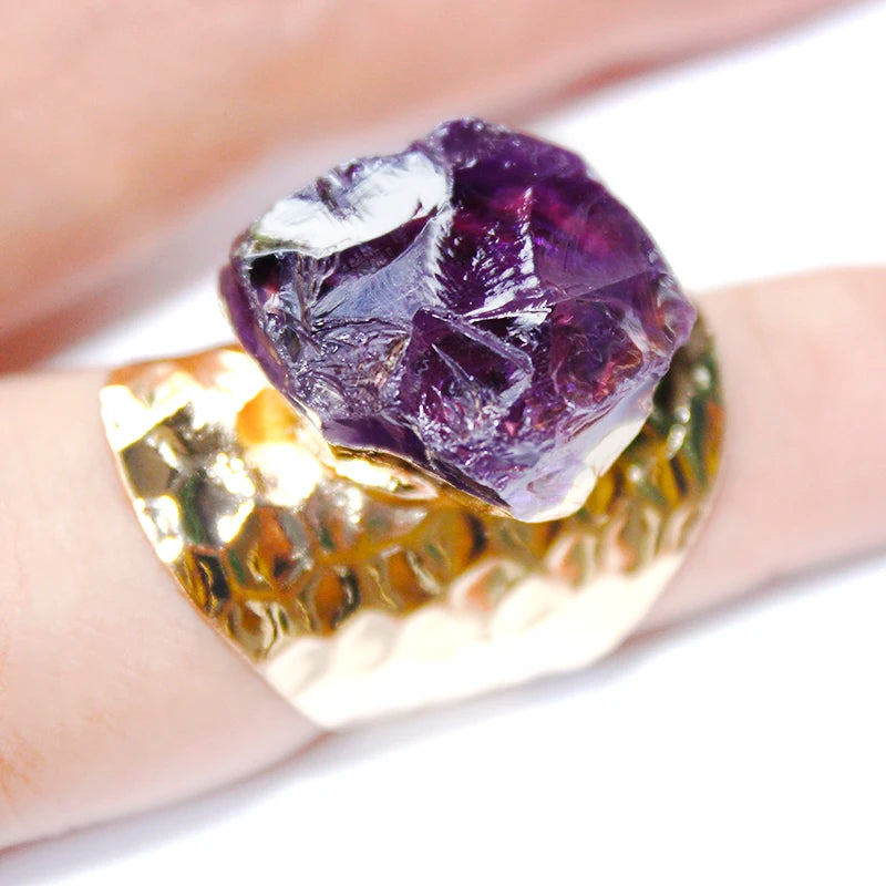 Irregular Genuine Stone Adjustable Ring for Women Golden Handmade Rough Amethyst Finger Jewelry