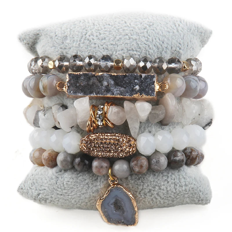 Fashion Designer Gemstone Crystal Glass Beaded Bracelet Sets Druzy Charm 5pc Stack Bracelet Bracelets Set For Women Jewelry Gift