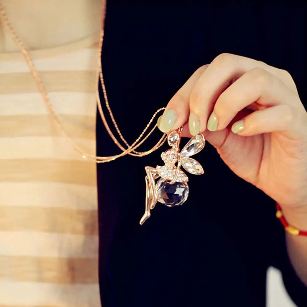 Elegant Charm Crystal Angel Wing Pendant Necklace Vintage Sweater Long Chain Butterfly Fairy Dangle Necklace Jewelry for Women