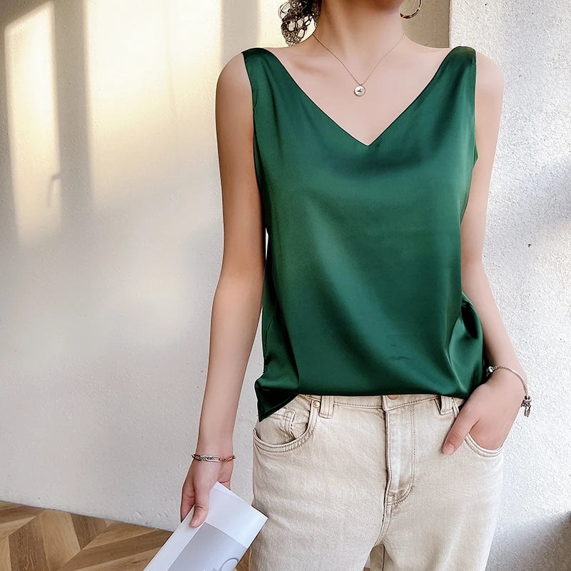 Women's New Four Seasons Inner Wear Silk Suspenders 2022 V-Neck Solid All-Match Satin Vest Soft Loose Thin Lady Sleeveless Tops