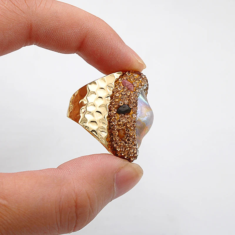 Micro Inlay Baroque Pearl Open Ring for Women Boho Finger Wedding Jewelry with Tourmaline Wholesale