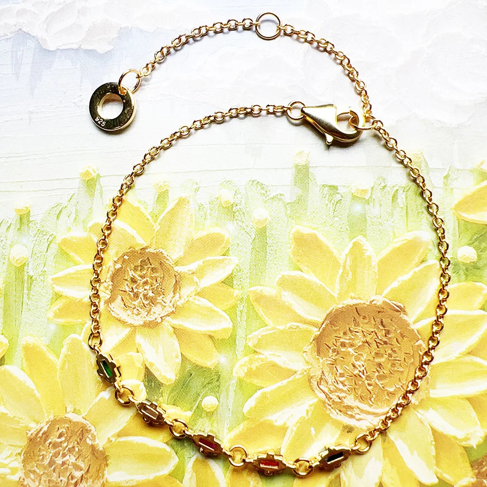 Golden Bracelet with Rainbow Coloured Stones Summer 925 Sterling Silver Jewelry Bohemia Gift For Women