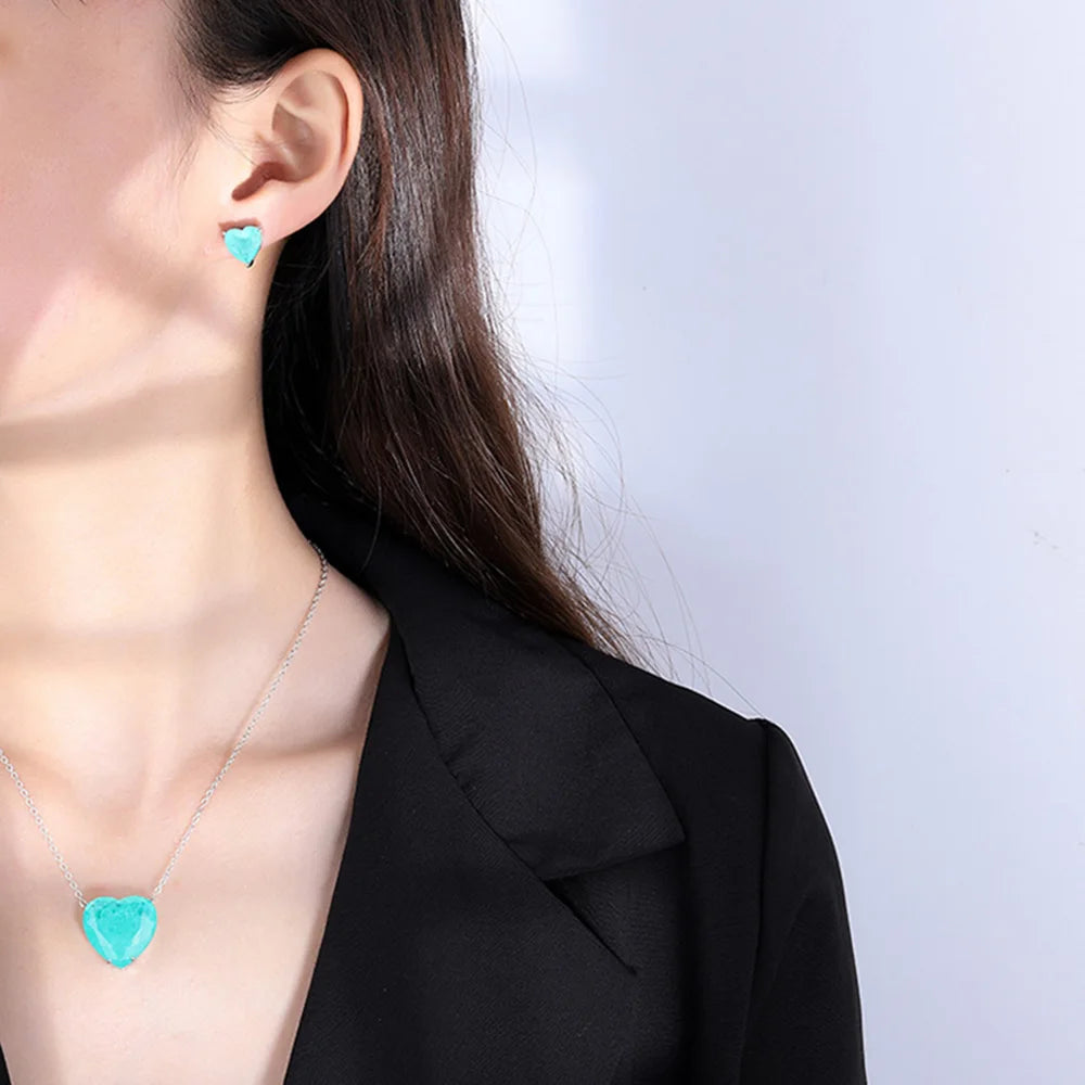 Luxury Silver Color Paraiba Tourmaline Gemstone Heart Necklace Earring for Women Wedding Dinner Party Jewelry Anniversary Gift