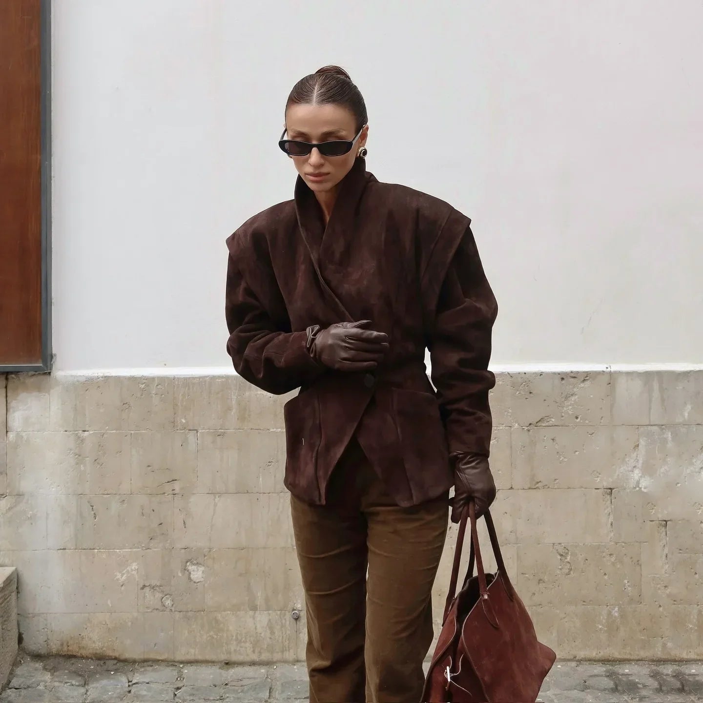 Dark Brown Suede One Button Blazer Women Long Sleeve Wide Shoulders Coat Autumn Highstreet Commute Fashion Solid Lady Outerwears
