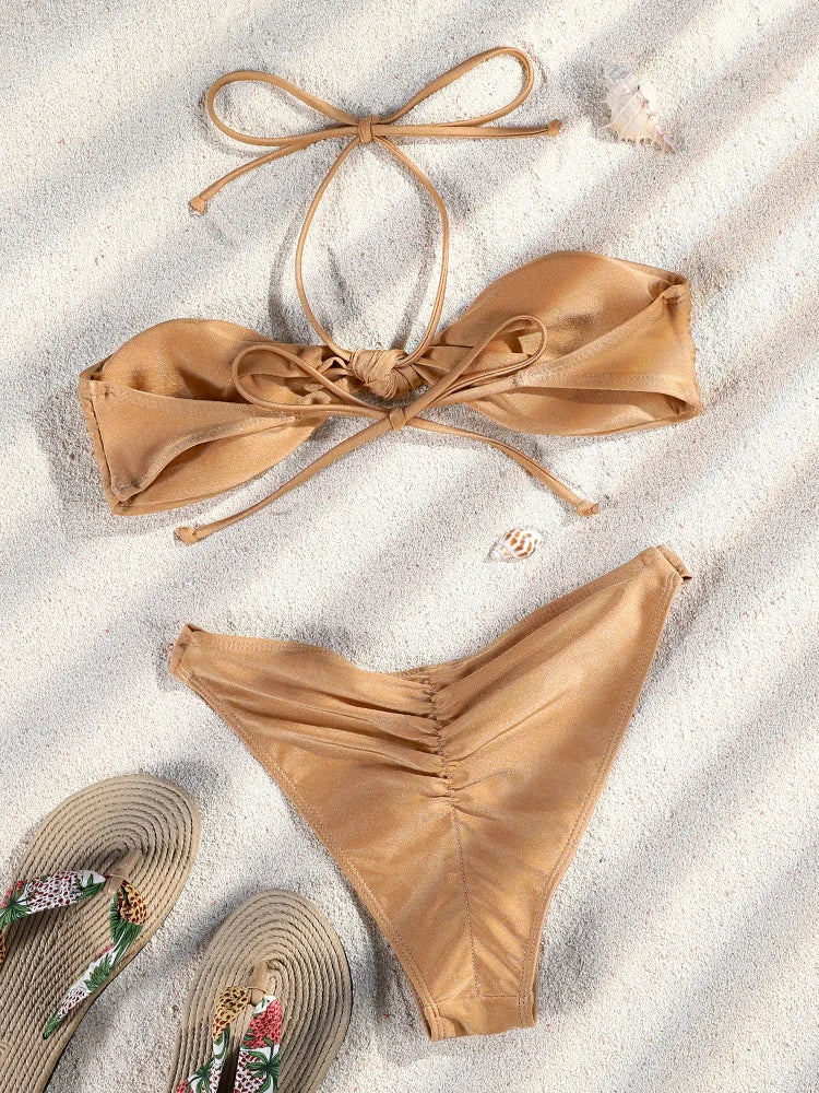 ZRTAK Beige Off Shoulder Solid Swimsuit Push Up Bikinis 2025 Bathing Suit Sexy Bikini Sets Swimwear Mujer Beachwear Biquinis