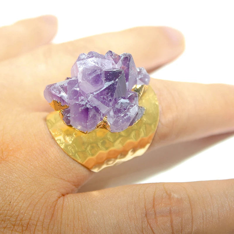 Irregular Rough Amethyst Stone Ring for Women Purple Crystal Cluster Gemstones Jewelry Open Finger Jewelry