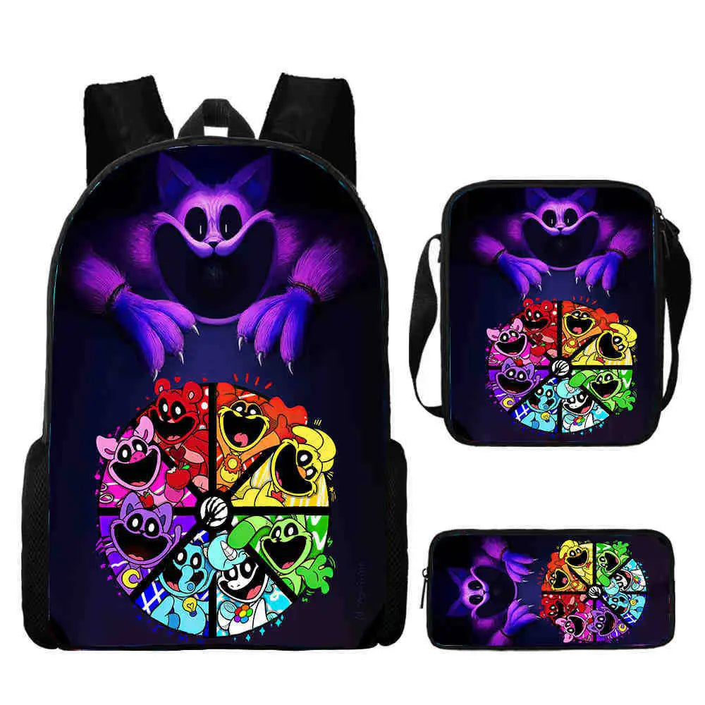 3pcs Set Smiling 3D Critters School Backpack with Pencil Bag Shoulder Bags Large Capacity Cartoon Amine Game Child Backpack