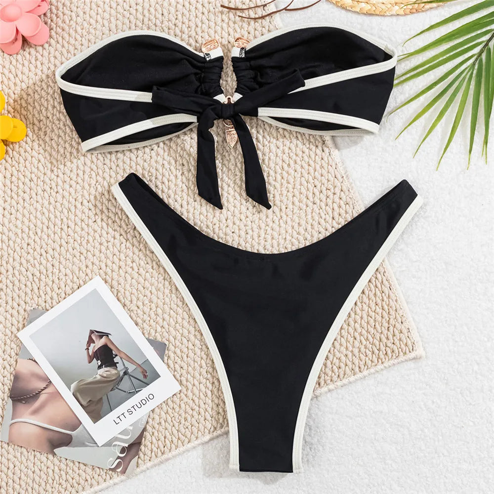 White Bandeau Bikinis Sets Woman Sexy Swimsuit Contrast Color Metal Buckle Swimwear High Cut Bathing Suit Brazilian Bikini Mujer