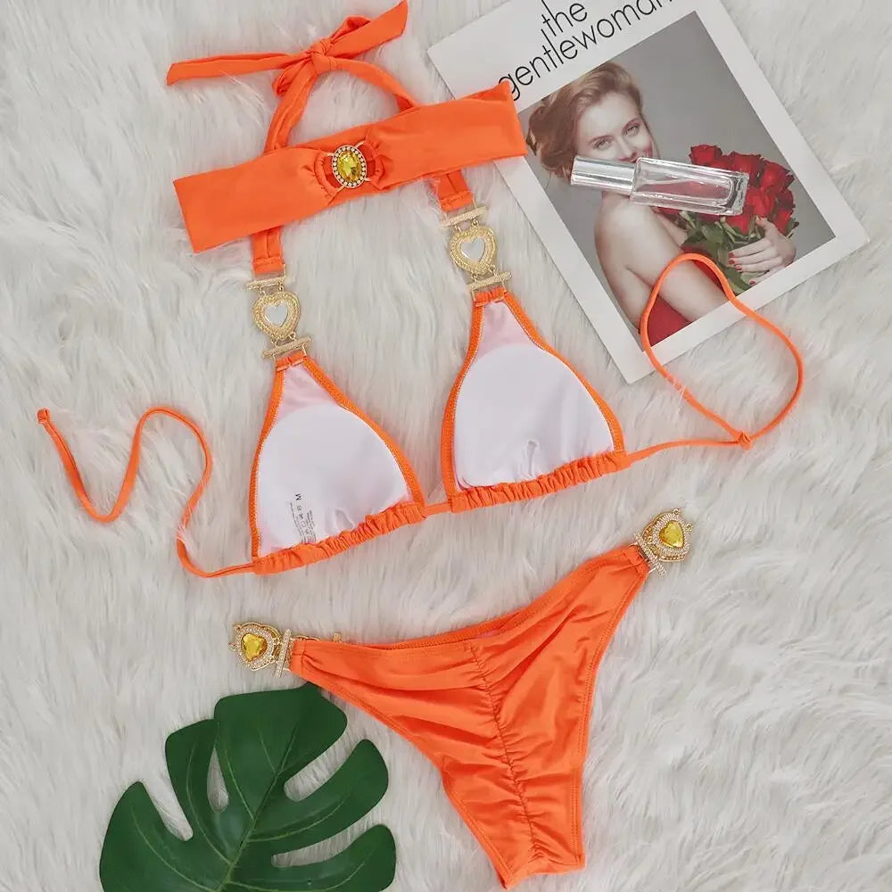 4 Colors New Sexy Bikini Women Luxury Heart-shaped Crystal Diamond Chain Solid Swimwear Swimsuit Female Bikinis Set Bathing Suit