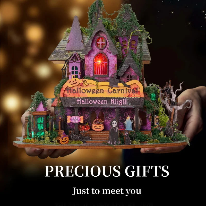 Retro DIY Wooden Halloween Night House Figurines Miniatures Kits With LED Lights Home Desk Decoration For Adult Handmade Gifts