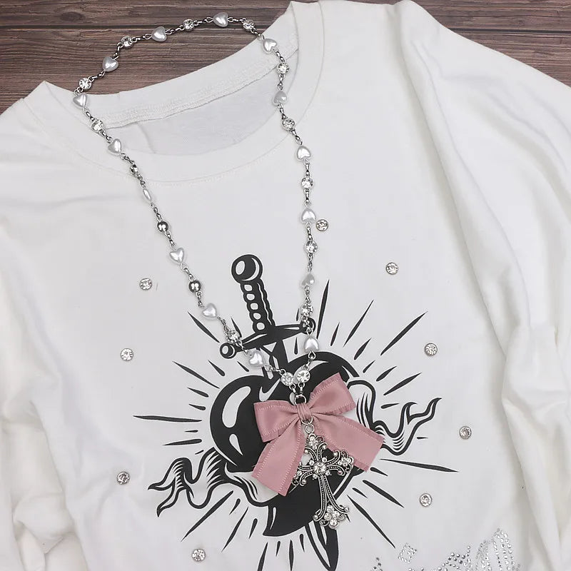 Lolita Style Accessories Beads Fashion Jewelry Handmade Necklace Rhinestone Cross Love Chain Long Necklace for Women