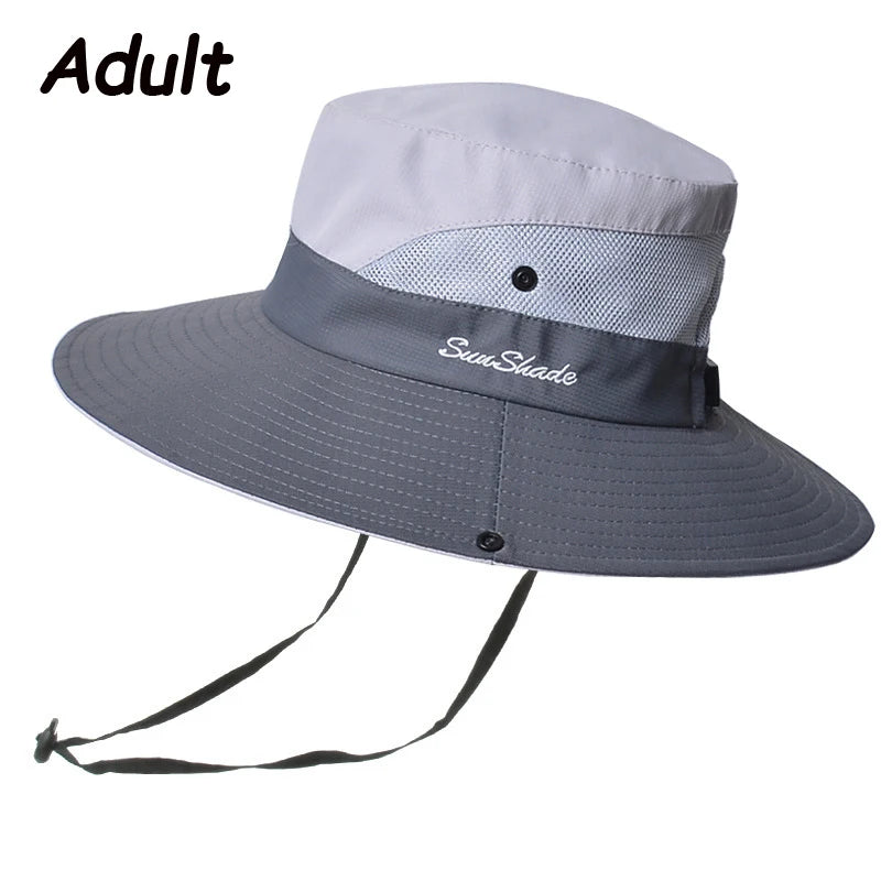 Women Summer Adjustable Bucket Hat with a Ponytail Hole Girls Sun Protection Hiking Cap Parent-child Outdoor Wide Brim Headgear