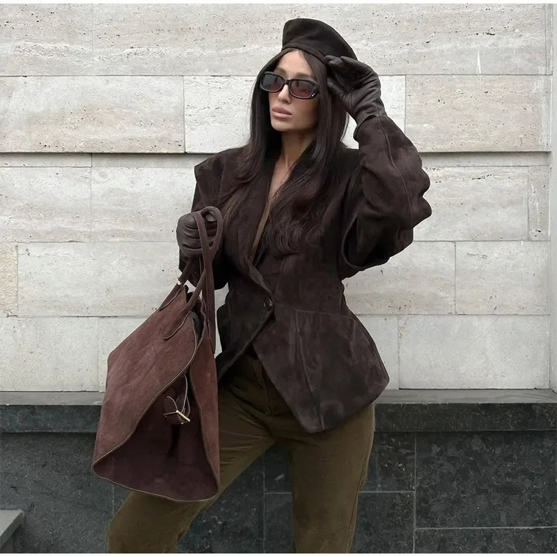 Dark Brown Suede One Button Blazer Women Long Sleeve Wide Shoulders Coat Autumn Highstreet Commute Fashion Solid Lady Outerwears