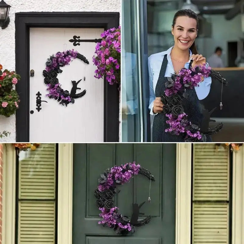 Halloween Moon Cat Garland with Rose Black Decorations Halloween Garland Halloween Wreath for Front Door Halloween Door Decor