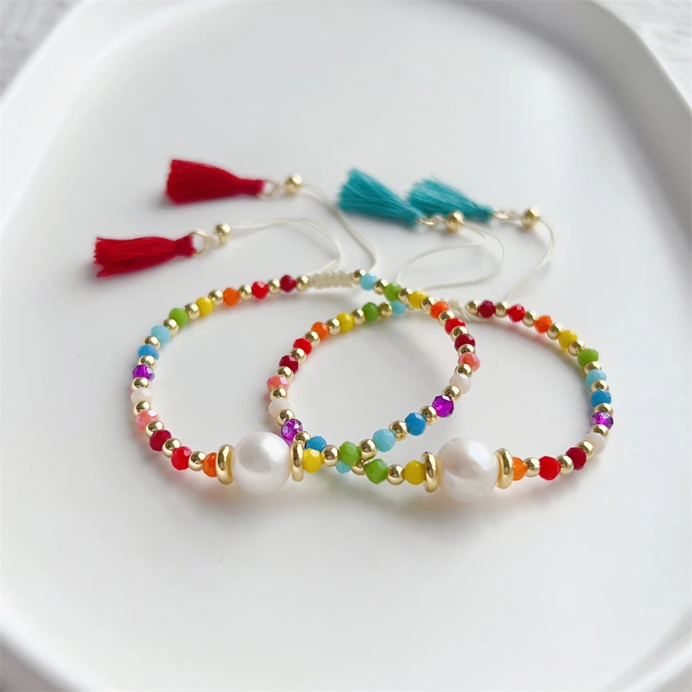 KKBEAD Boho Rainbow Tassel Bracelet Jewelry for Women Natural Pearl Colorful Crystal Beaded Bracelets Pulseras Femme