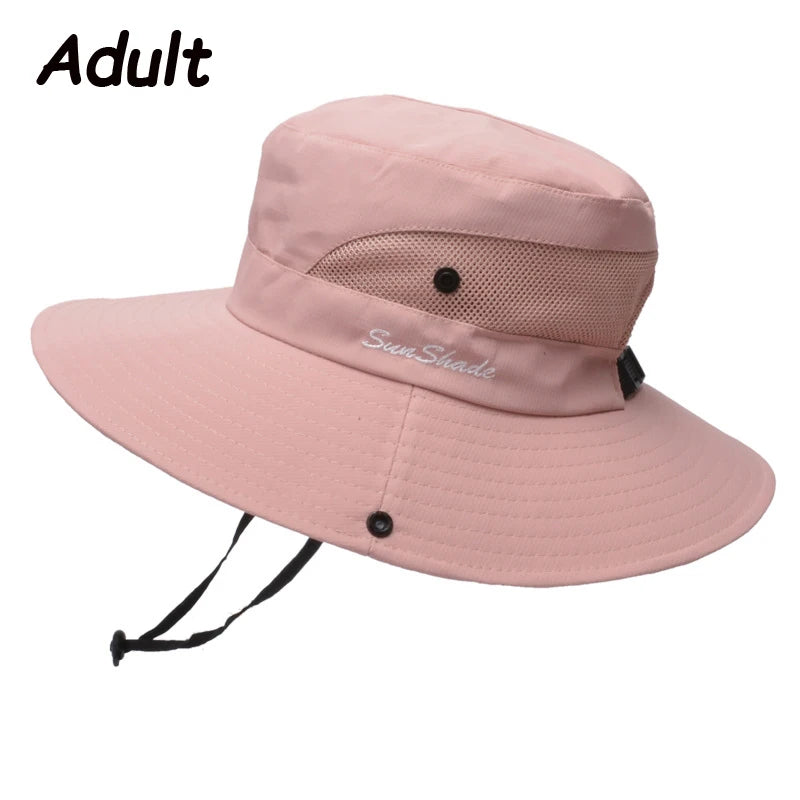 Women Summer Adjustable Bucket Hat with a Ponytail Hole Girls Sun Protection Hiking Cap Parent-child Outdoor Wide Brim Headgear