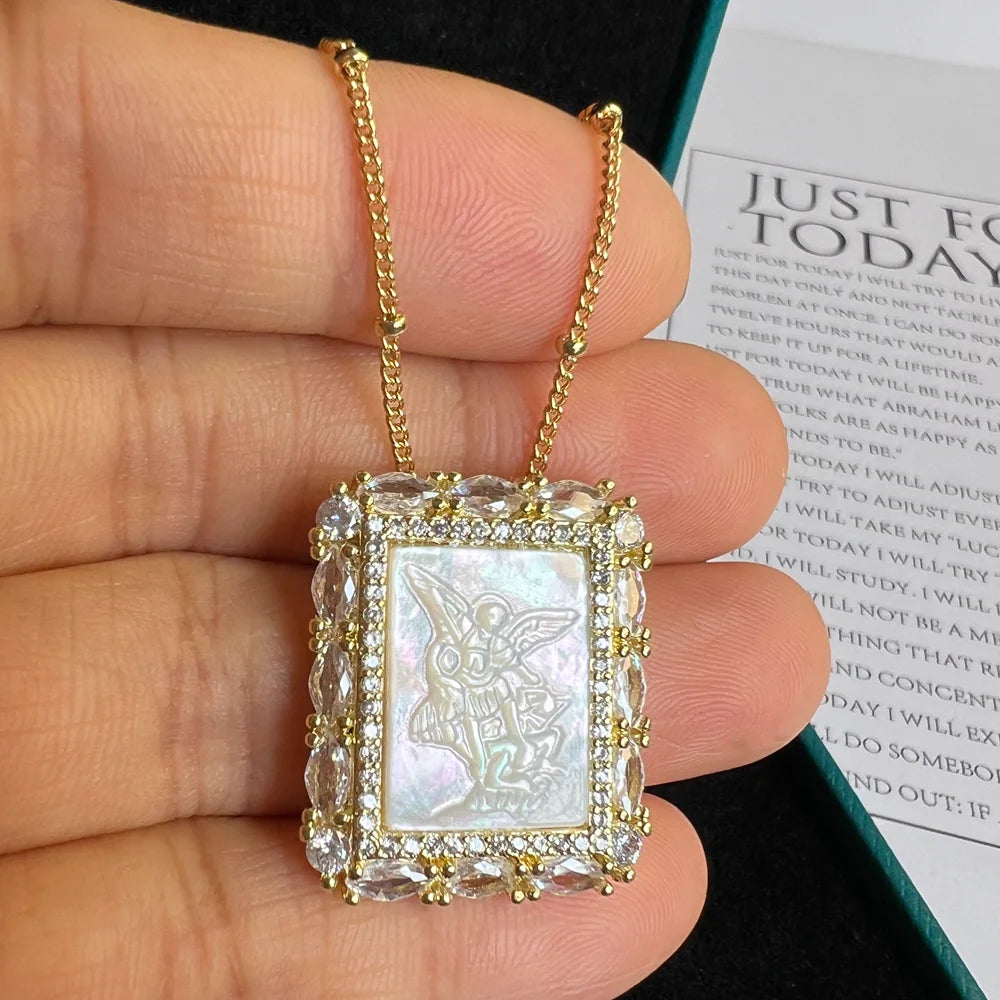 Natural Mother Pearl Shell Virgin Mary Guadalupe San Benito Charm Necklace Rectangle Religious Medals Necklace for Women & Gift