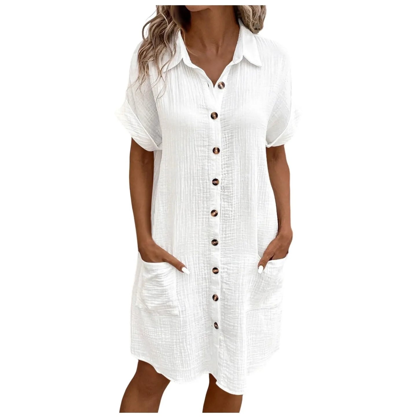Women'S Fashion Summer Minimalist V-Neck Button Up Dress Woman Cotton Linen White Short Sleeved Pocket Casual Loose Shirt Dress