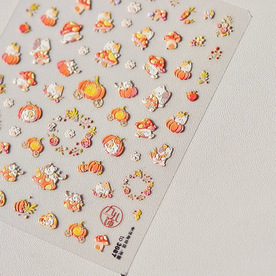 Classic Red Maple Leaves Golden Ginkgo Autumn Harvest 5D Nail Art Sticker Cute Pumpkins Ladybug Mushrooms Adhesive Manicure Deca