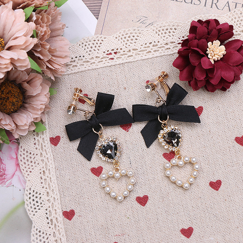 Japanese Style Lolita Sweet Bownot Rhinestone Pearl Heart Shaped Drop Earrings 925 Silver Pin Ear Clip Women Girls Earrings