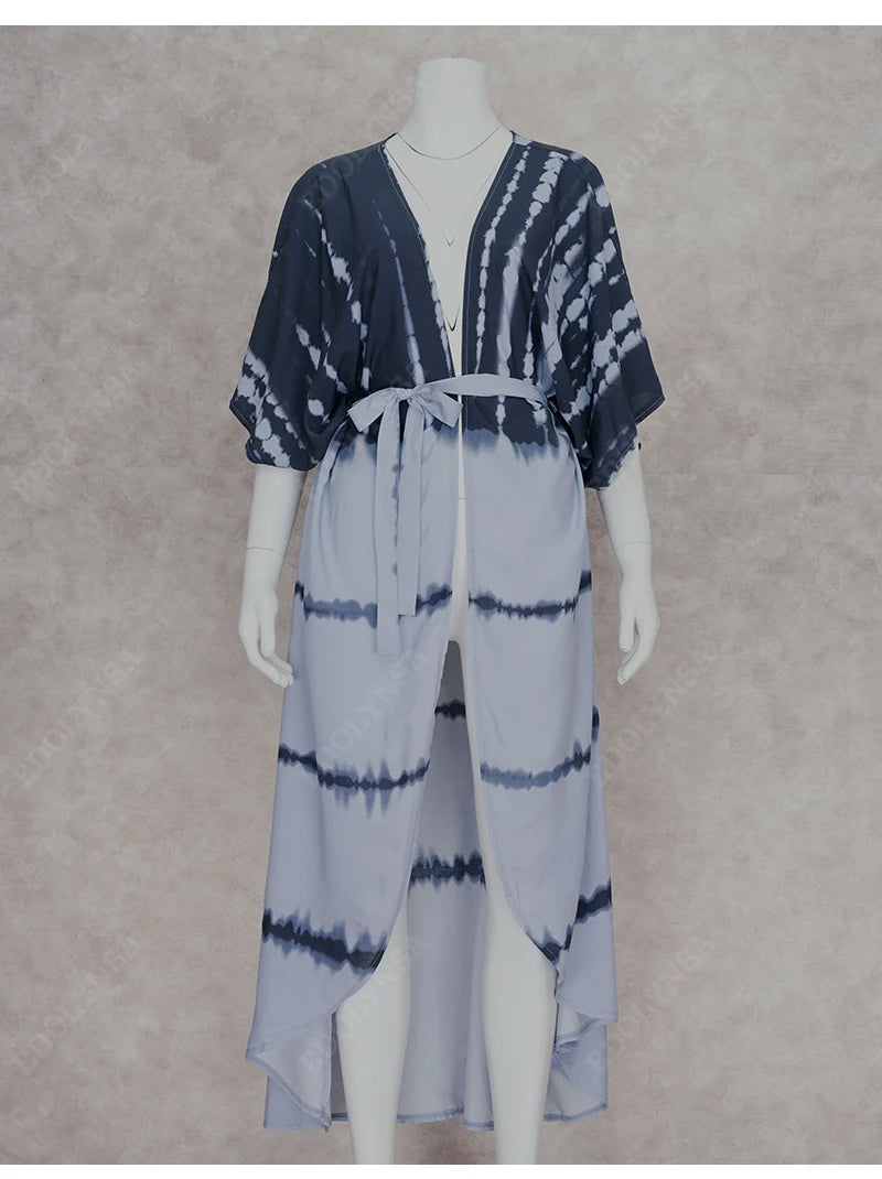2023 Bikini Cover-ups Black Retro Striped Self Belted Women Summer Clothing Kimono Dress Beach Wear Swim Suit Cover Up Q1225