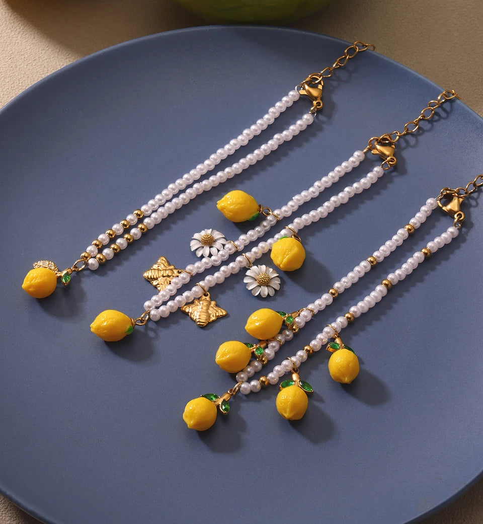 Shell Beads Bracelet With Multi Lemon Charms For Women Handmade Beaded Bracelets Matching Earrings Necklace Cute Jewelry Sets