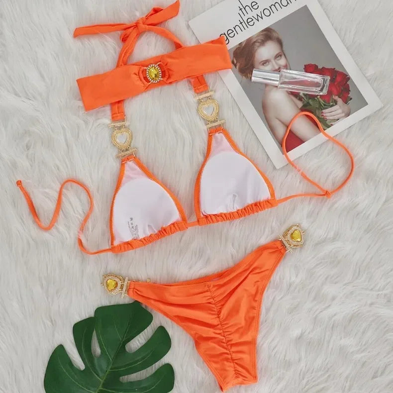 4 Colors New Sexy Bikini Women Luxury Heart-shaped Crystal Diamond Chain Solid Swimwear Swimsuit Female Bikinis Set Bathing Suit