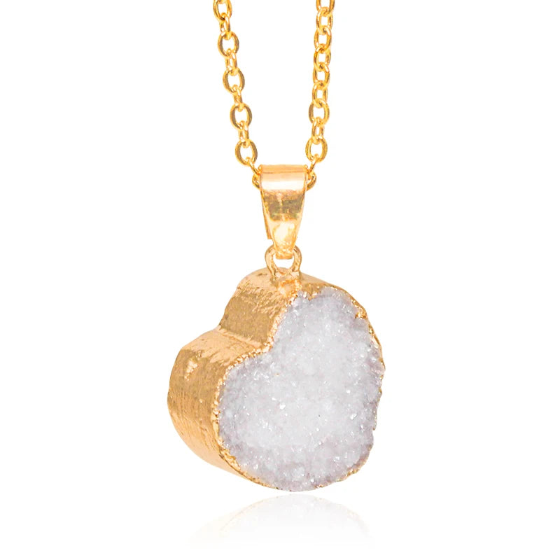 Heart Shaped Druzy Quartz Stone Necklace for Women Raw Crystal Cluster Reiki Healing Pendant Jewelry