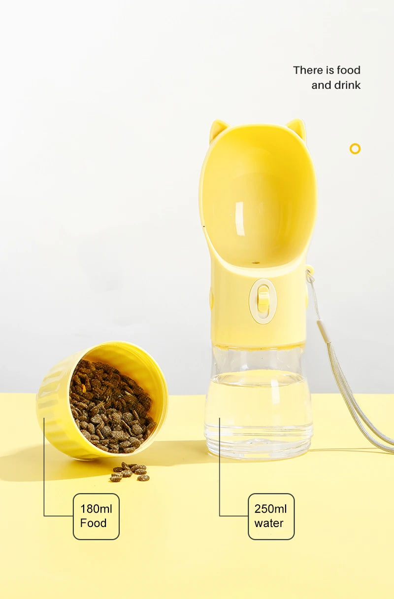 2 in 1 Portable Dog Water Bottle PC Plastic Cat Head Puppy Pet Drink Bowl 250ML Feeding Water Bowl 180ML Storage Food Container