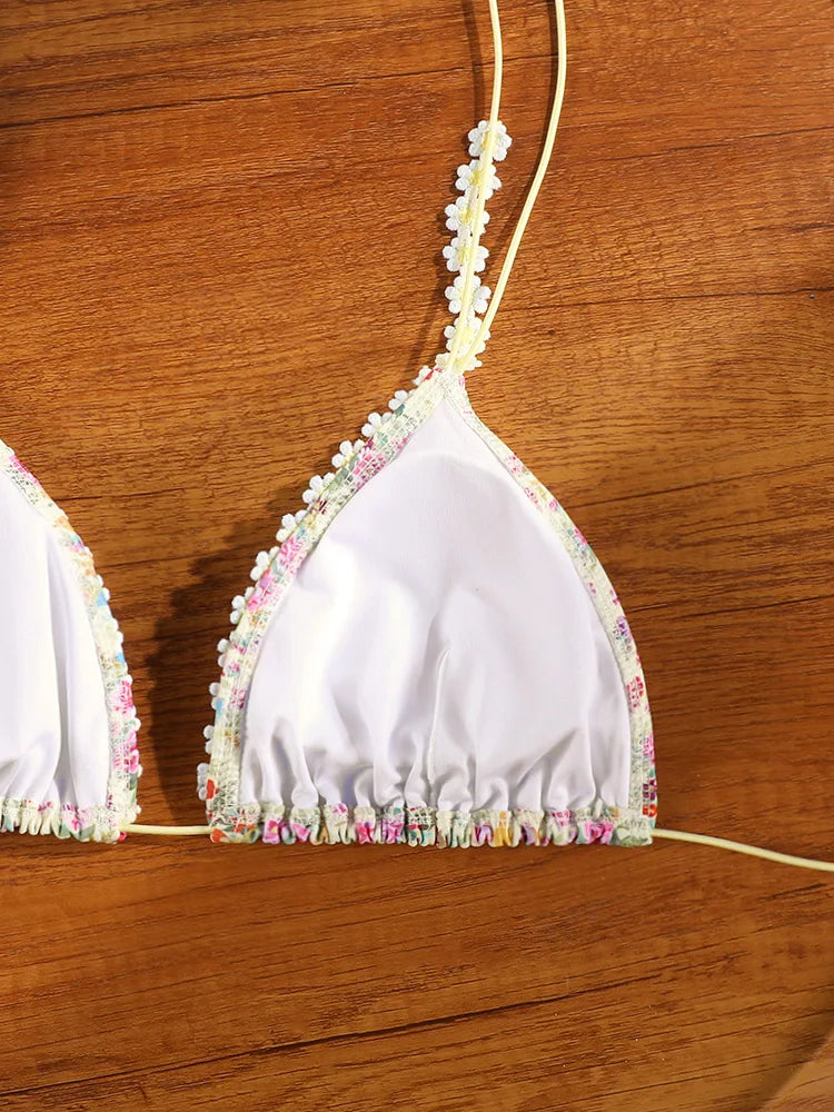 ZRTAK Triangle Lace Bikini Set Sexy Women's Swimwear 2025 Bikinis 3D Floral Print Swimsuit Micro Thong Bandage Bathing Suits