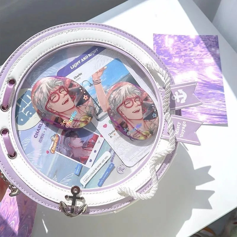 Y2K Cute Nautical Theme Ita Bag Kawaii Girl Transparent Shoulder Bag DIY Display Backpack Students Round Messenger Crossbody Bag