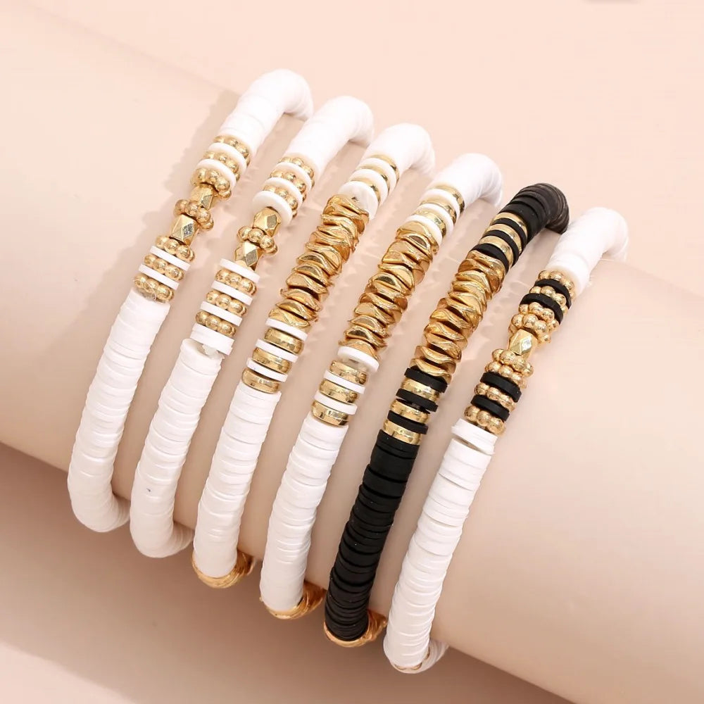 Fashion Rainbow Stackable Bracelets Set For Women Heart Charm Soft Clay Pottery Layering Beads Chain Bangle Female Boho Jewelry