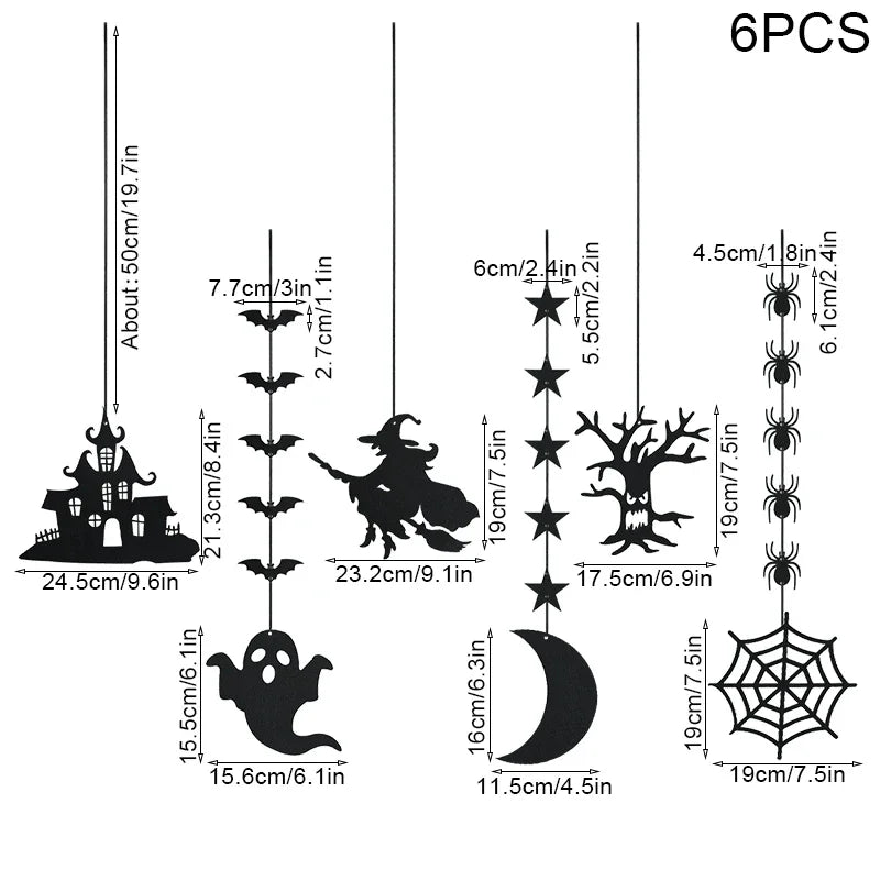 6pcs Halloween Hanging Banner Garland Scary Spider Witch Ghost Bat Pendant Ornament Happy Halloween Party Decorations for Home