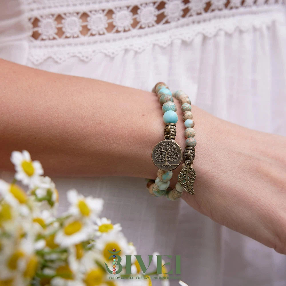 Natural Semi Precious Gemstone Beads Bracelet for Women Life Tree and Leaf Charm Energy Reiki Crystal Stretch Bracelets Jewelry