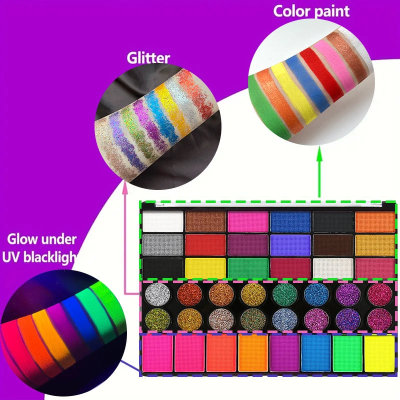 42-Colors Water-Based Face & Body Painting Kit,UV Neon Glitter Fluorescent Paint Makeup,Face Body Paint Art Festivals Halloween