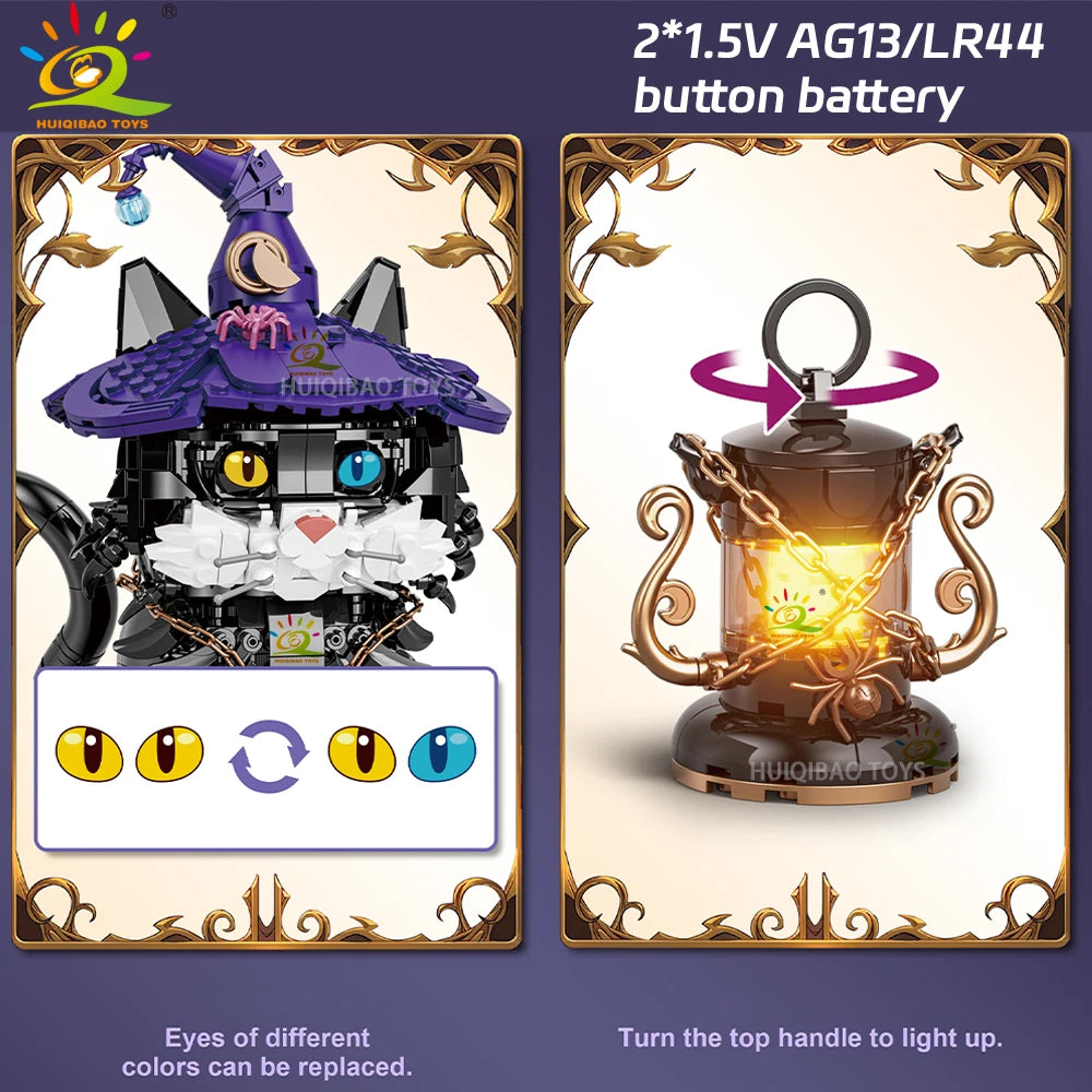 HUIQIBAO Halloween Wizard Cat Dog Ghosts Pumpkin Houses Model Building Block DIY Haunted House Bat Bricks Toys for Adult Gift